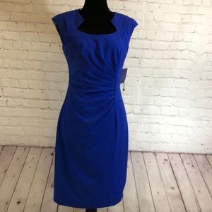 Calvin Klein Sheath Dress SZ 4 Blue Ruched Cap Sleeve Horseshoe Neck NWT